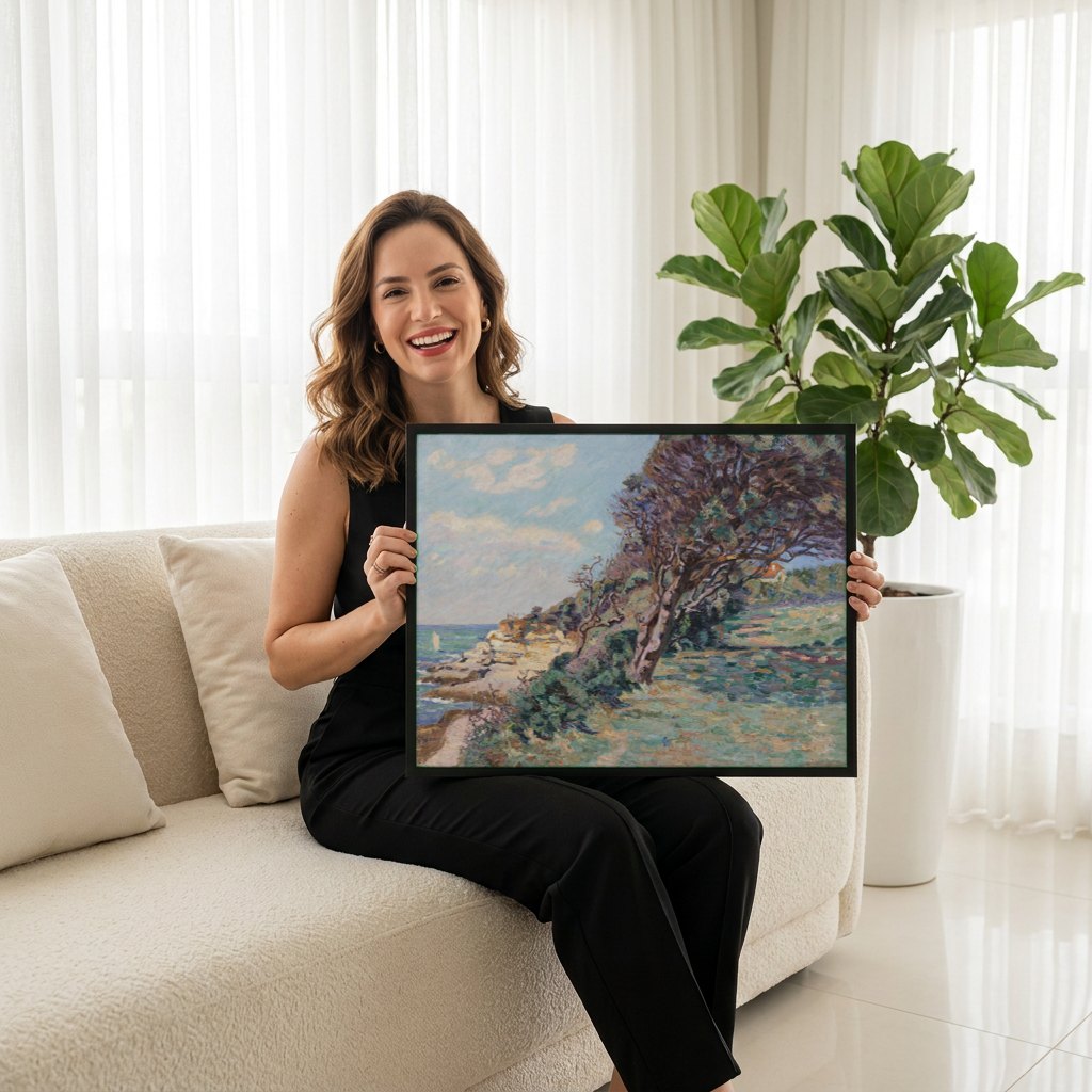 Quadro Decorativo Paisagem Costeira - Armand Guillaumin | modelo apresentando o quadro emoldurado