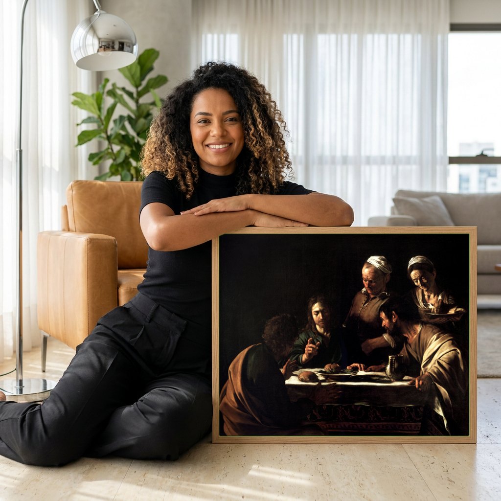 Quadro Decorativo A Ceia em Emaús - Caravaggio | modelo apresentando o quadro emoldurado