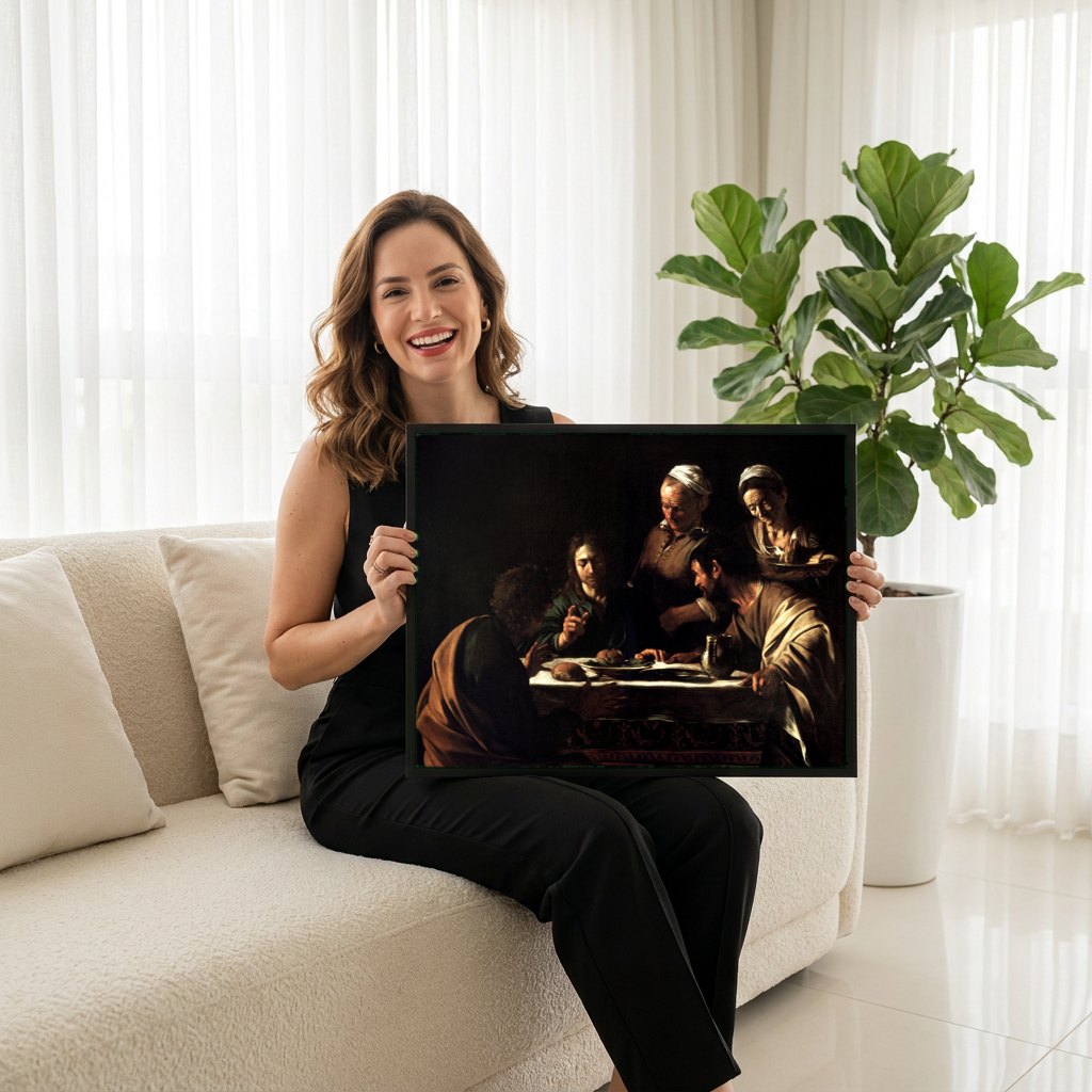 Quadro Decorativo A Ceia em Emaús - Caravaggio | modelo apresentando o quadro emoldurado