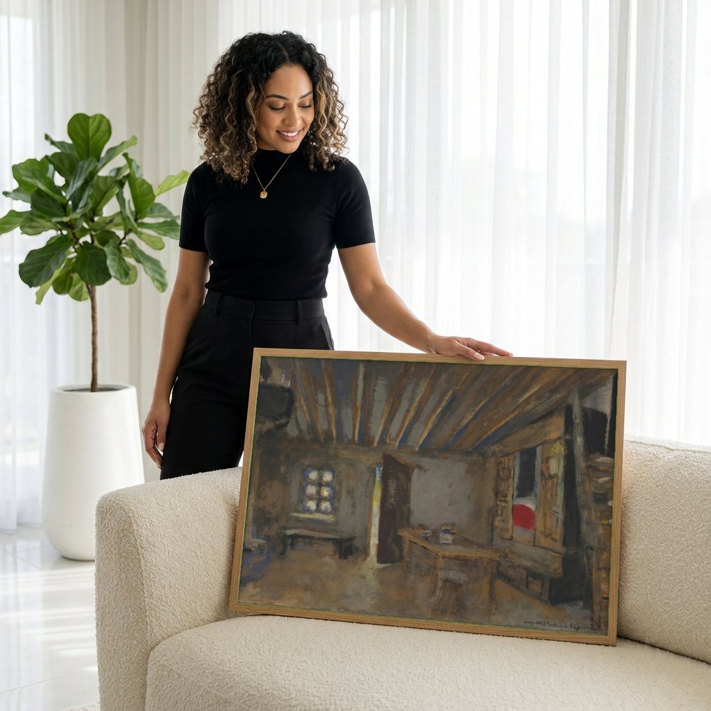 Quadro Decorativo Interior com Luz de Lamparina - Vuillard | modelo apresentando o quadro emoldurado