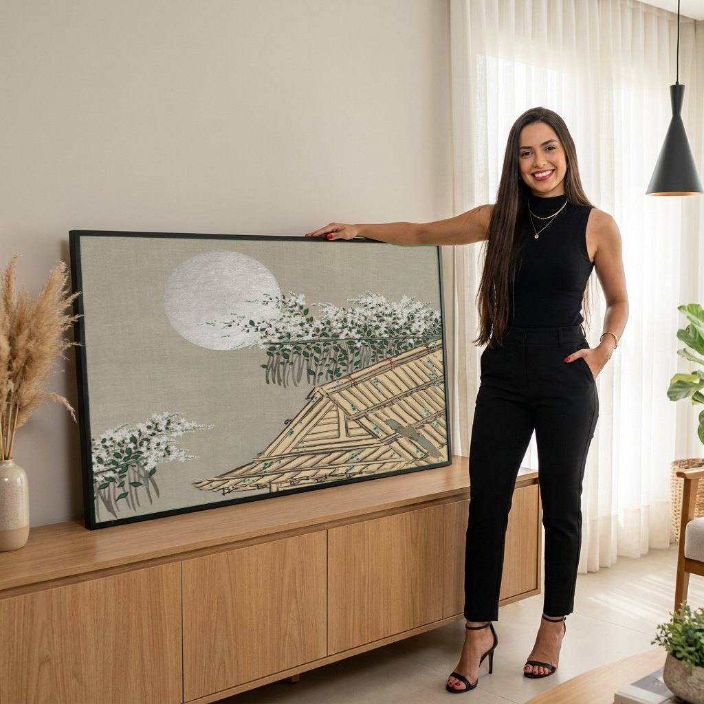 Quadro Decorativo Lua e Flores - Kamisaka Sekka | modelo apresentando o quadro emoldurado