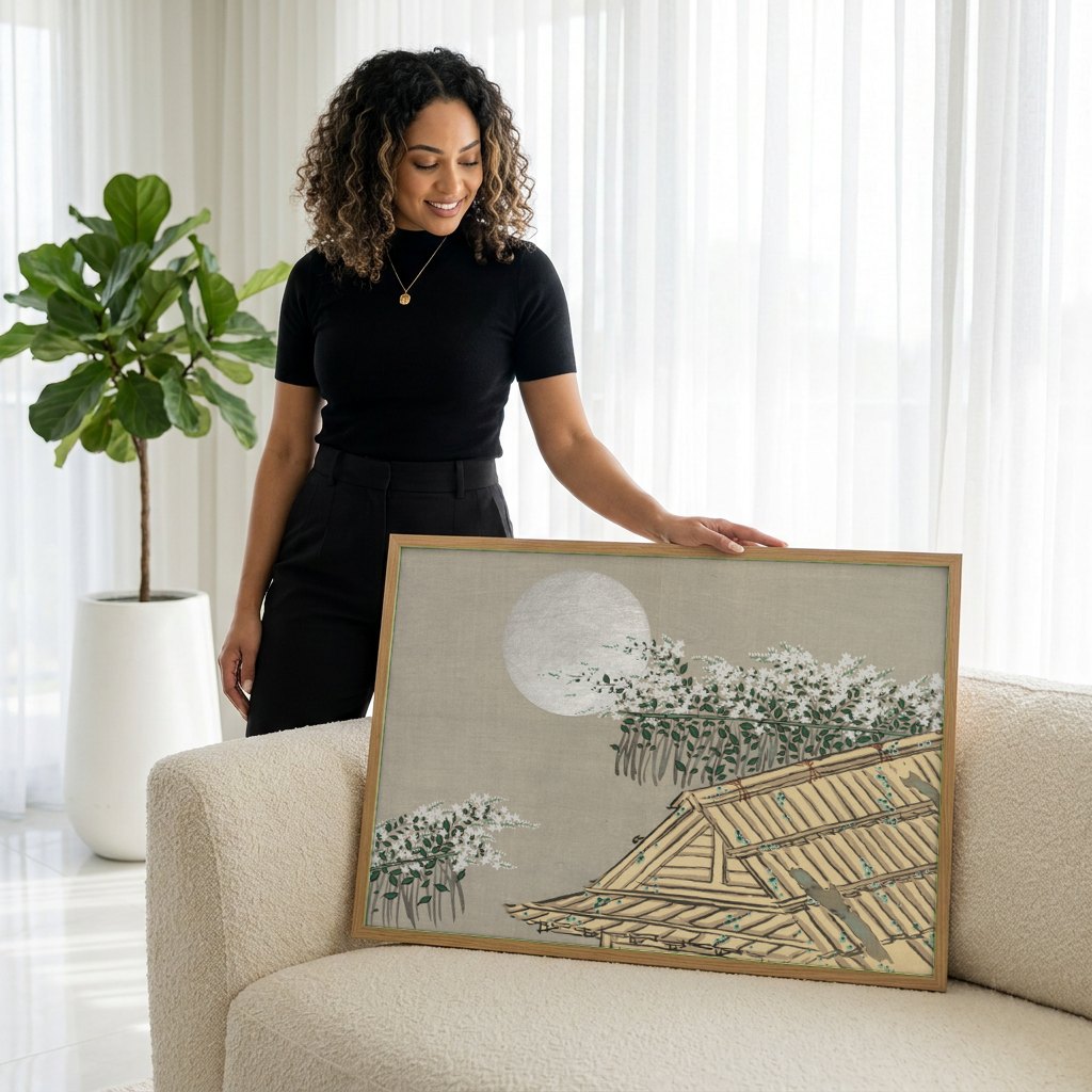 Quadro Decorativo Lua e Flores - Kamisaka Sekka | modelo apresentando o quadro emoldurado