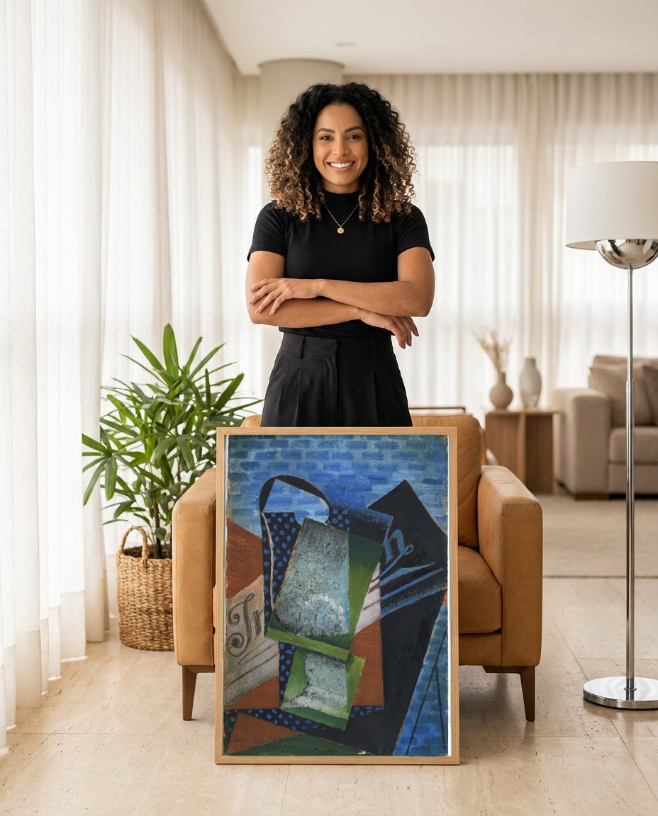 Quadro Decorativo Natureza-Morta Cubista - Juan Gris | modelo apresentando o quadro emoldurado