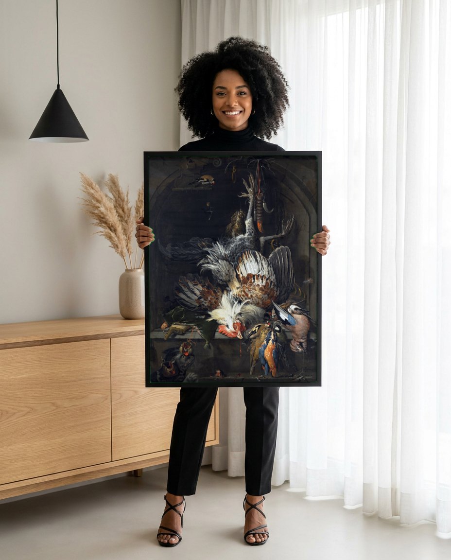 Quadro Decorativo Natureza-Morta de Caça e Gato - Abraham Mignon | modelo apresentando o quadro emoldurado