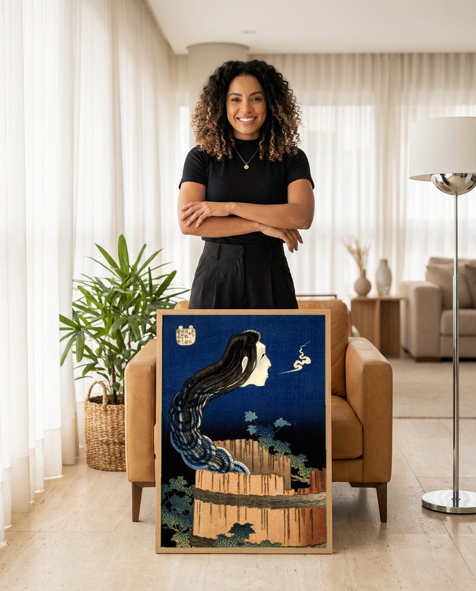 Quadro Decorativo O Fantasma de Okiku - Katsushika Hokusai | modelo apresentando o quadro emoldurado