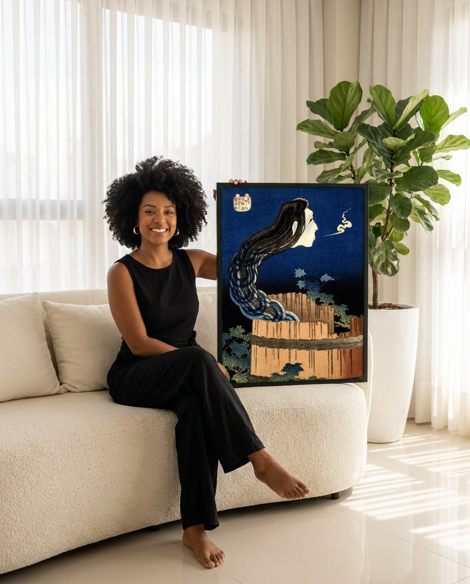 Quadro Decorativo O Fantasma de Okiku - Katsushika Hokusai | modelo apresentando o quadro emoldurado