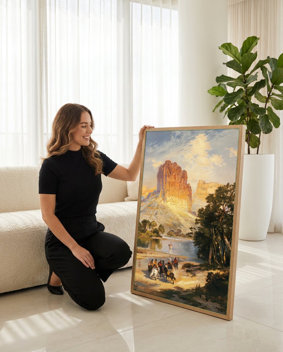 Quadro Decorativo A Chegada ao Rio - Thomas Moran | modelo apresentando o quadro emoldurado