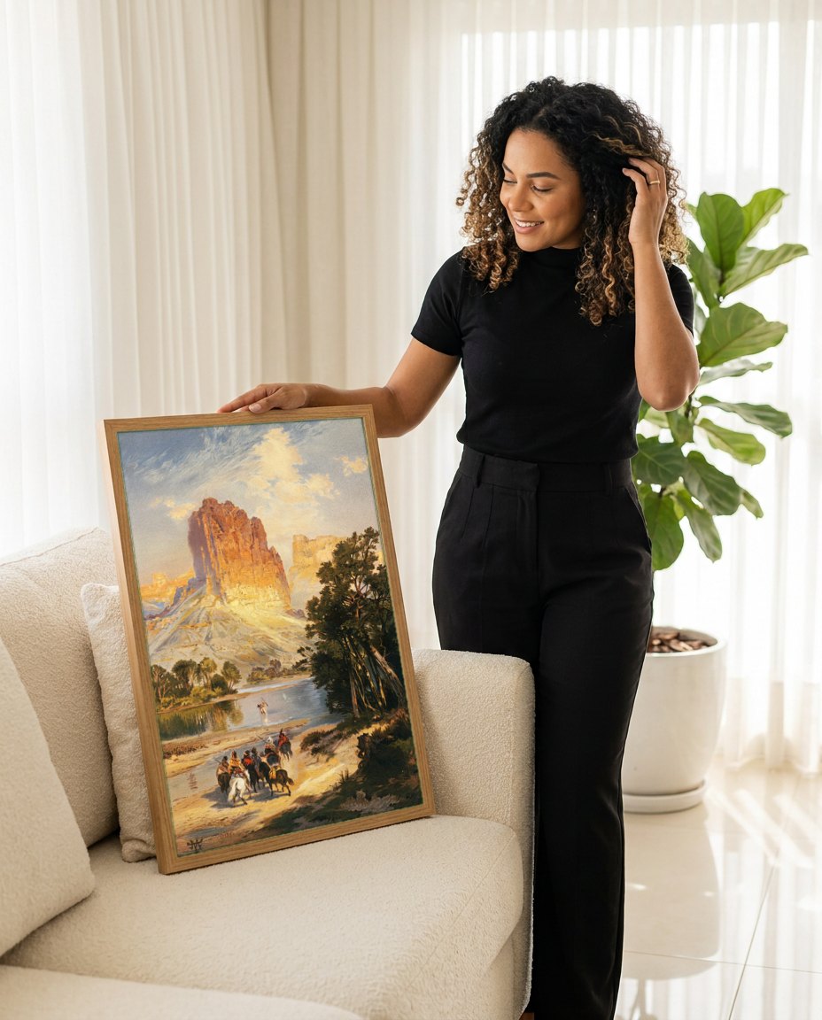 Quadro Decorativo A Chegada ao Rio - Thomas Moran | modelo apresentando o quadro emoldurado