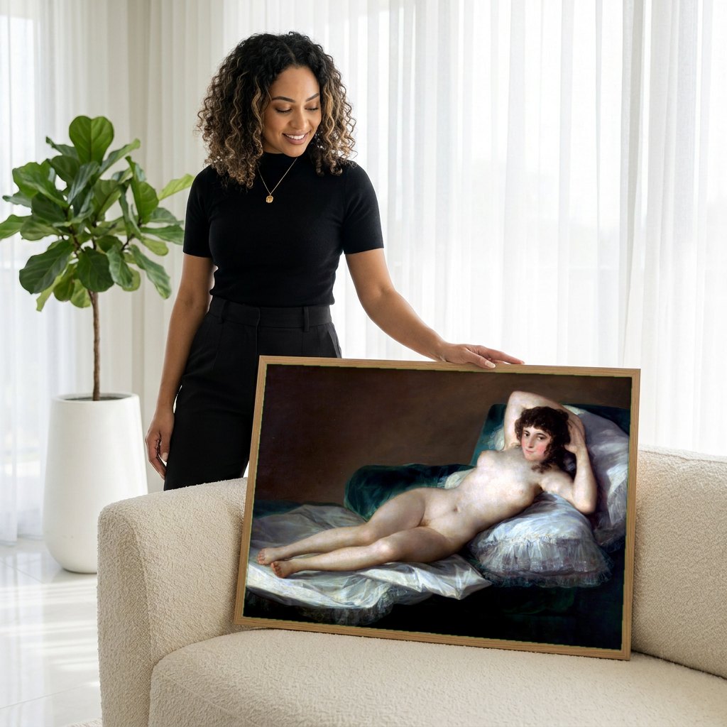 Quadro Decorativo La Maja Desnuda - Goya | modelo apresentando o quadro emoldurado