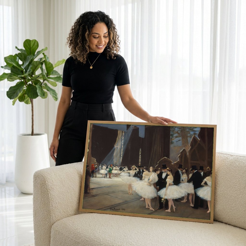 Quadro Decorativo Os Bastidores da Ópera - Jean Béraud | modelo apresentando o quadro emoldurado