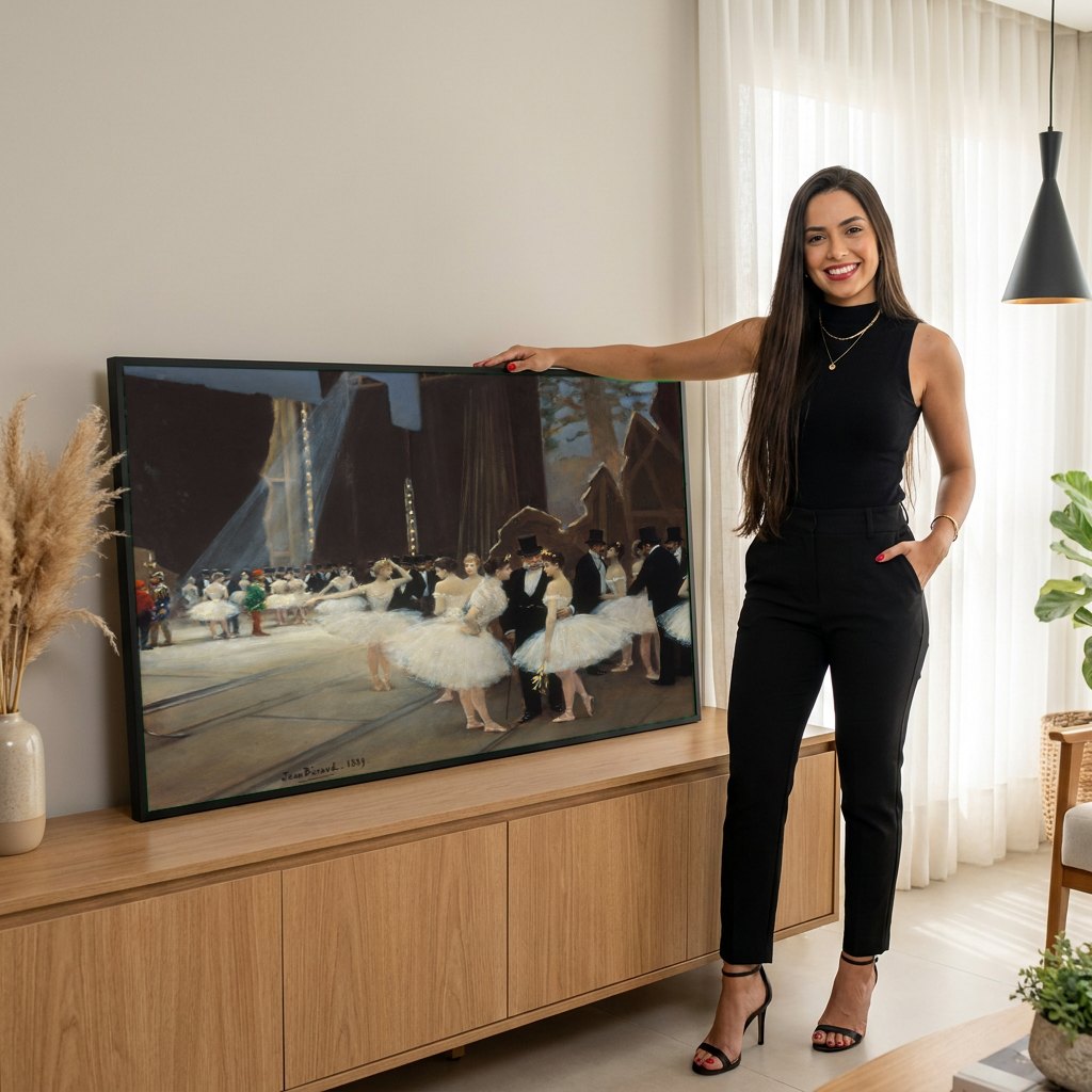 Quadro Decorativo Os Bastidores da Ópera - Jean Béraud | modelo apresentando o quadro emoldurado