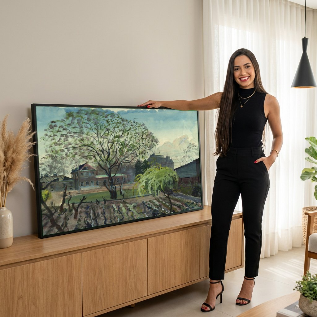 Quadro Decorativo Paisagem com Casas e Árvores - Oskar Laske | modelo apresentando o quadro emoldurado