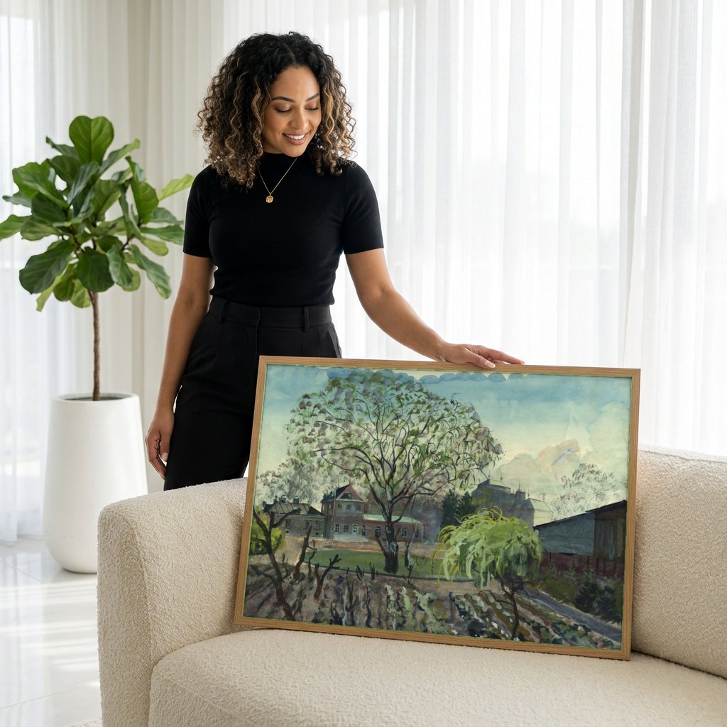 Quadro Decorativo Paisagem com Casas e Árvores - Oskar Laske | modelo apresentando o quadro emoldurado