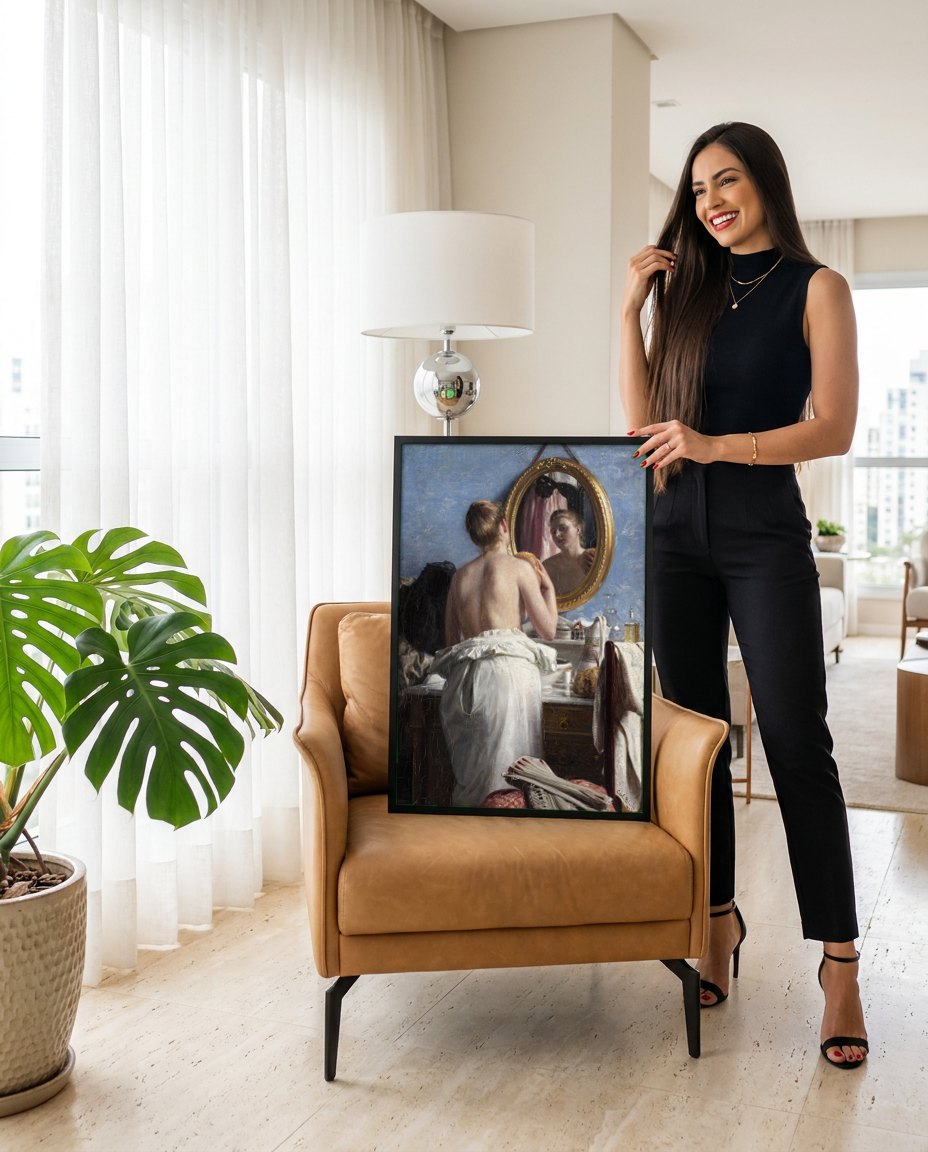 Quadro Decorativo A Mulher no Espelho - Carl Bloch | modelo apresentando o quadro emoldurado
