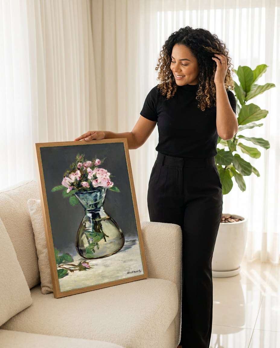 Quadro Decorativo Rosas em um Vaso - Edouard Manet | modelo apresentando o quadro emoldurado