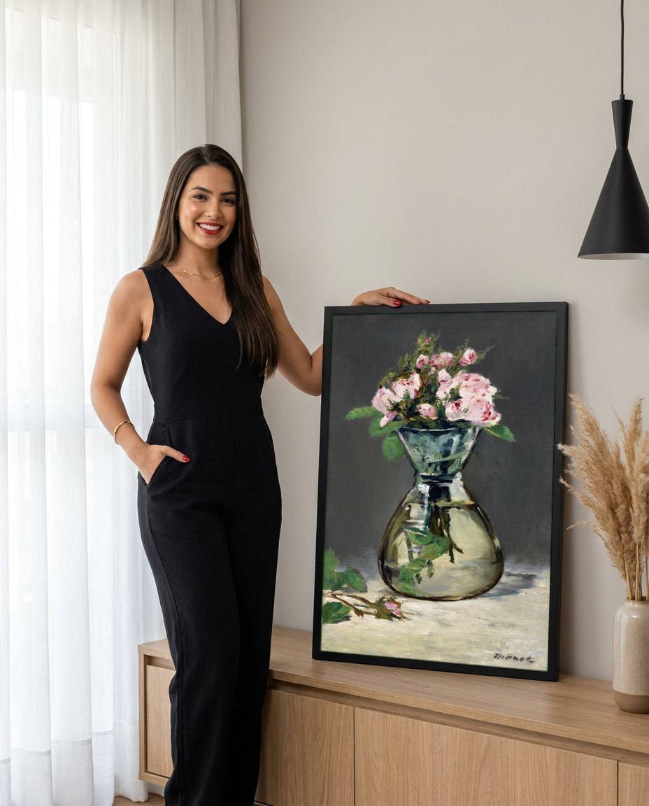 Quadro Decorativo Rosas em um Vaso - Edouard Manet | modelo apresentando o quadro emoldurado