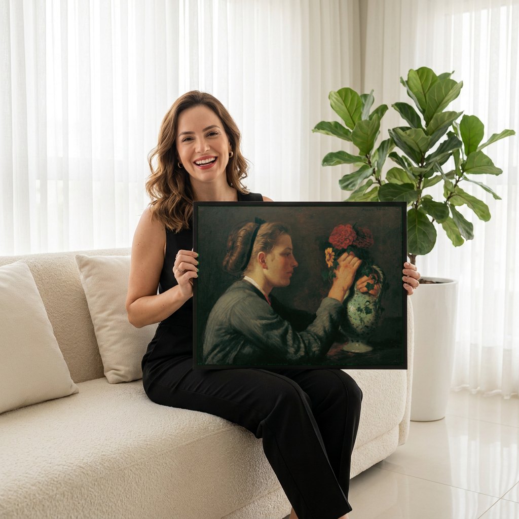 Quadro Decorativo A Jovem e as Flores - Hans Thoma | modelo apresentando o quadro emoldurado