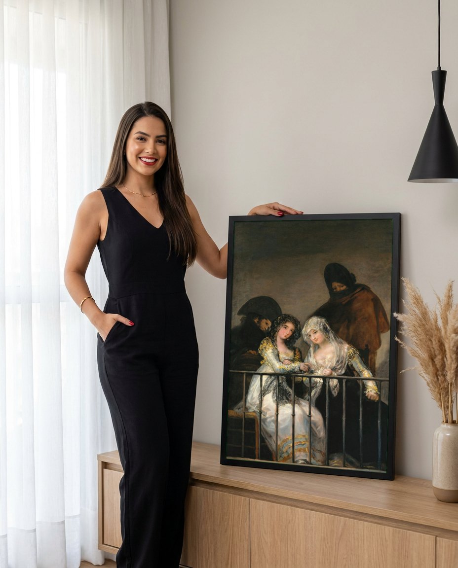 Quadro Decorativo O Balcão - Goya | modelo apresentando o quadro emoldurado