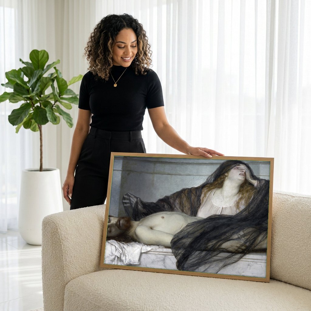 Quadro Decorativo Lamentação de Cristo - Arnold Böcklin | modelo apresentando o quadro emoldurado