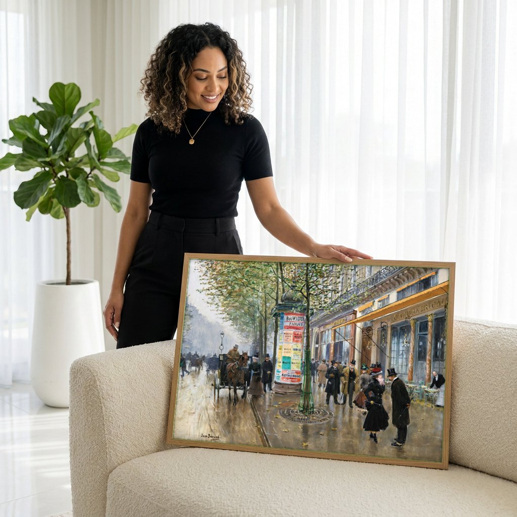 Quadro Decorativo A Rua de Paris após a Chuva - Jean Béraud | modelo apresentando o quadro emoldurado