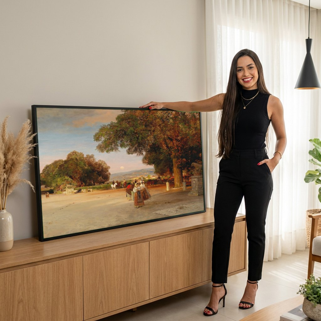 Quadro Decorativo Crepúsculo Romano - Oswald Achenbach | modelo apresentando o quadro emoldurado