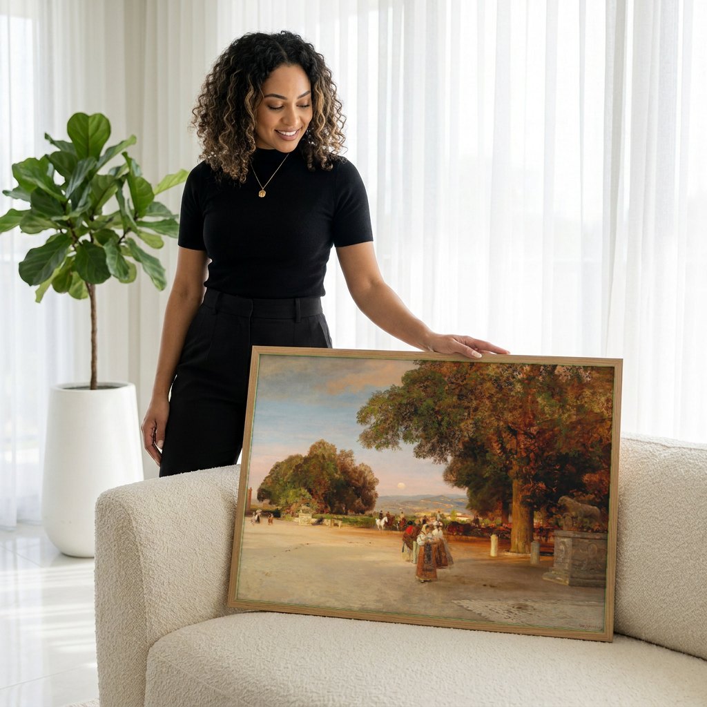 Quadro Decorativo Crepúsculo Romano - Oswald Achenbach | modelo apresentando o quadro emoldurado