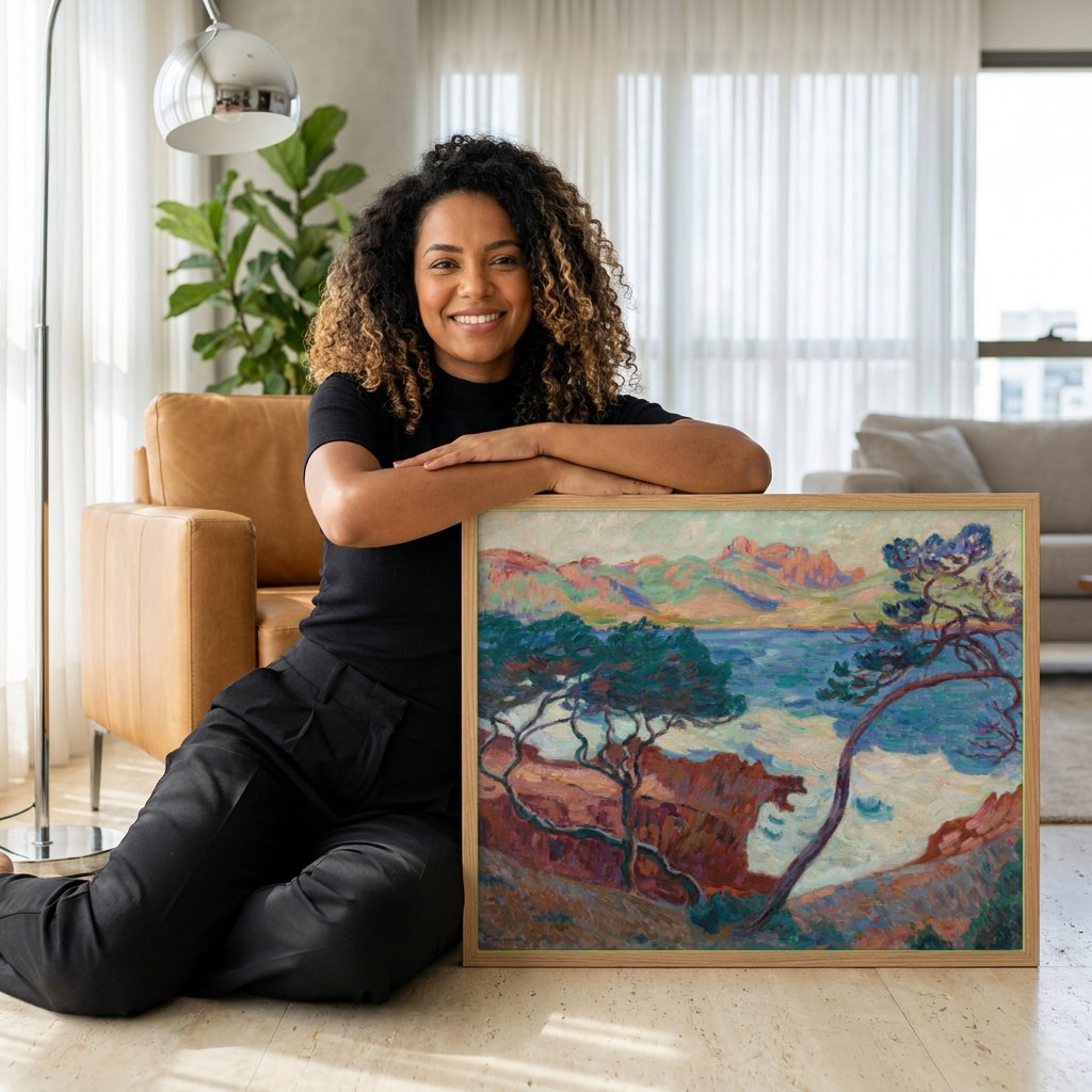 Quadro Decorativo Paisagem Mediterrânea - Armand Guillaumin | modelo apresentando o quadro emoldurado