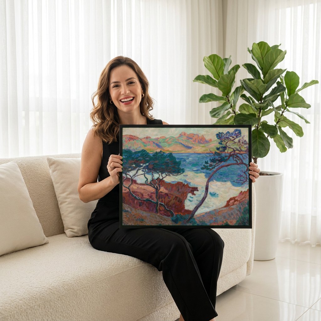 Quadro Decorativo Paisagem Mediterrânea - Armand Guillaumin | modelo apresentando o quadro emoldurado