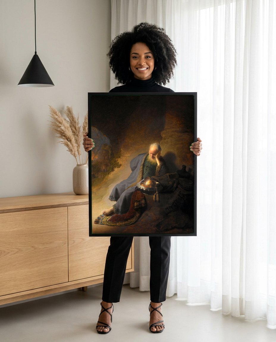 Quadro Decorativo Jeremias Lamentando a Destruição de Jerusalém - Rembrandt | modelo apresentando o quadro emoldurado
