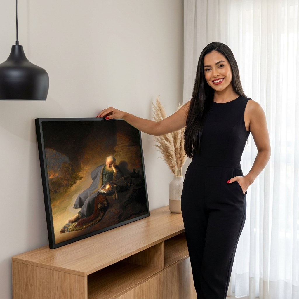 Quadro Decorativo Jeremias Lamentando a Destruição de Jerusalém - Rembrandt | modelo apresentando o quadro emoldurado
