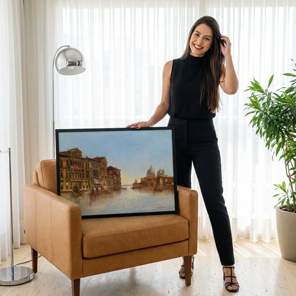 Quadro Decorativo Canal Grande, Veneza - Karl Kaufmann | modelo apresentando o quadro emoldurado