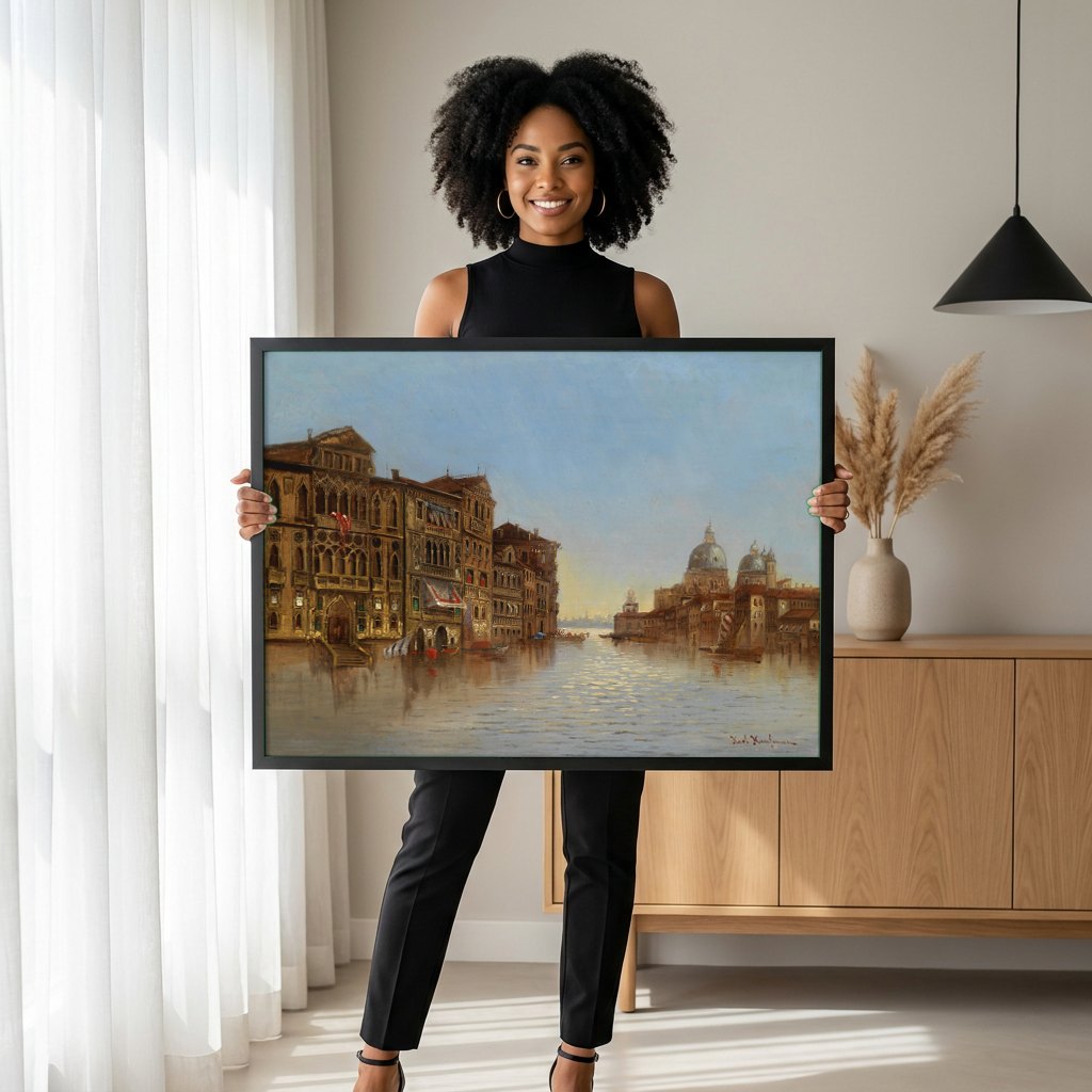 Quadro Decorativo Canal Grande, Veneza - Karl Kaufmann | modelo apresentando o quadro emoldurado