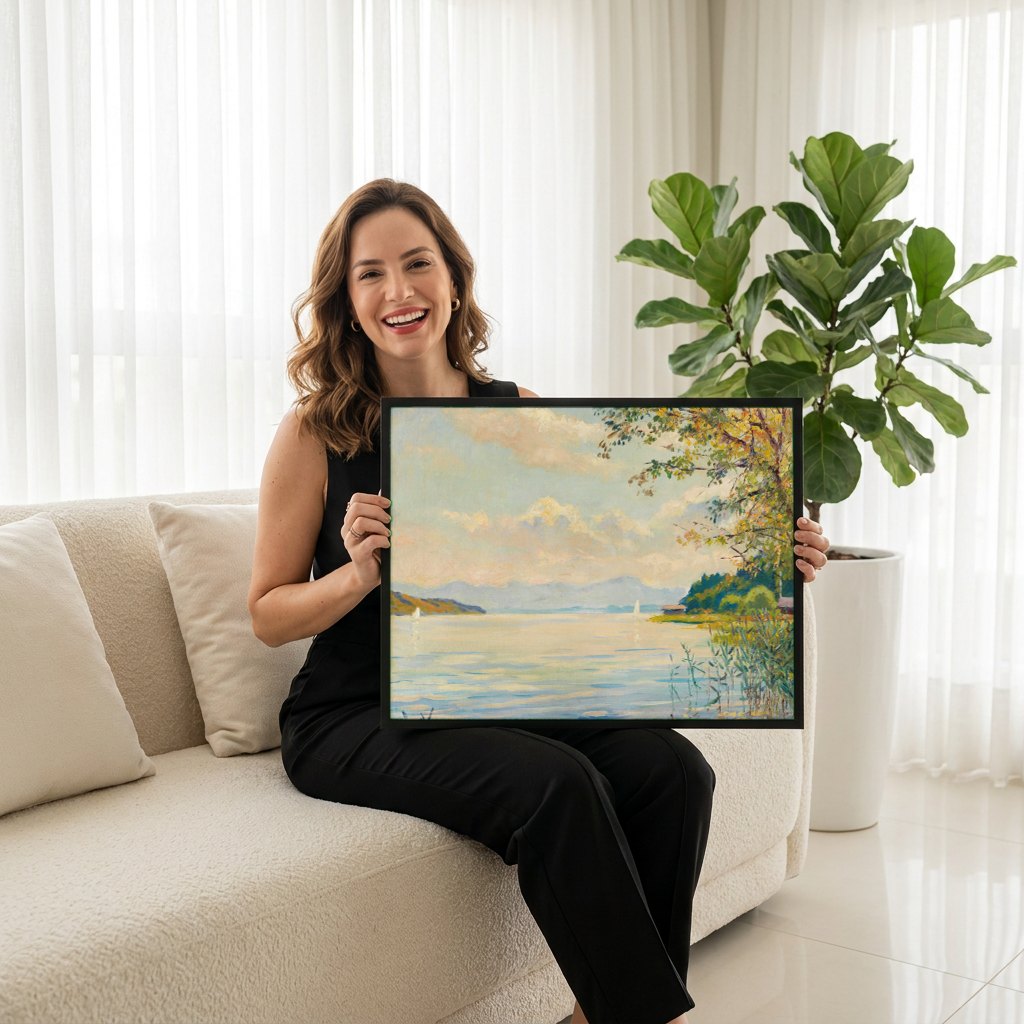 Quadro Decorativo Paisagem Lacustre - Edward Cucuel | modelo apresentando o quadro emoldurado