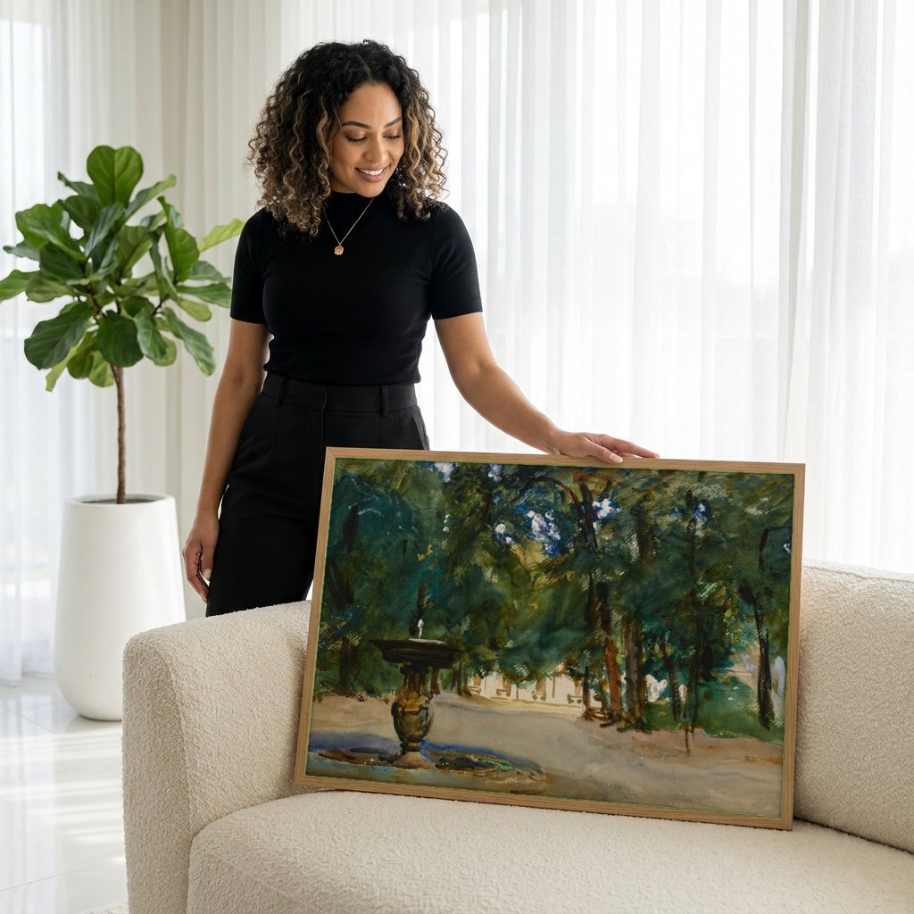 Quadro Decorativo Fonte em Jardim Italiano - John Singer Sargent | modelo apresentando o quadro emoldurado