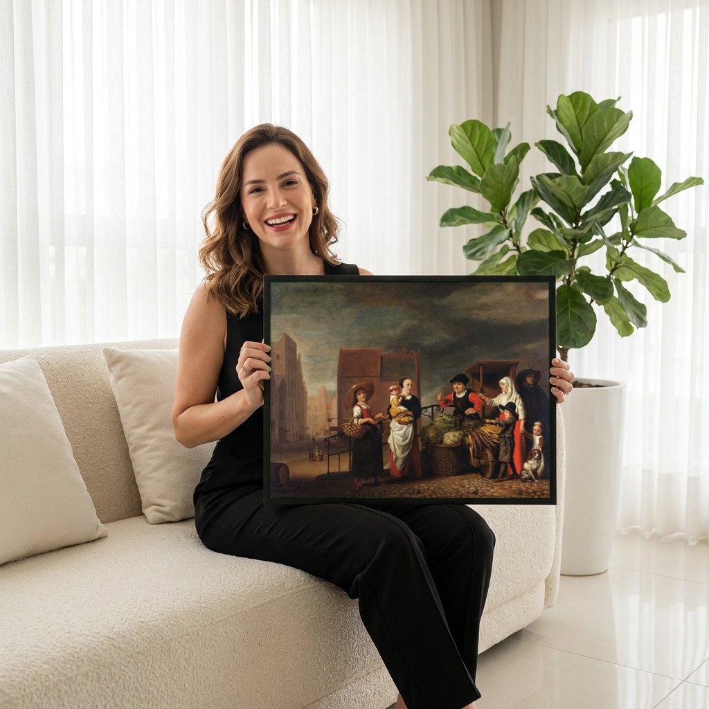 Quadro Decorativo Cena de Mercado - Nicolaes Maes | modelo apresentando o quadro emoldurado