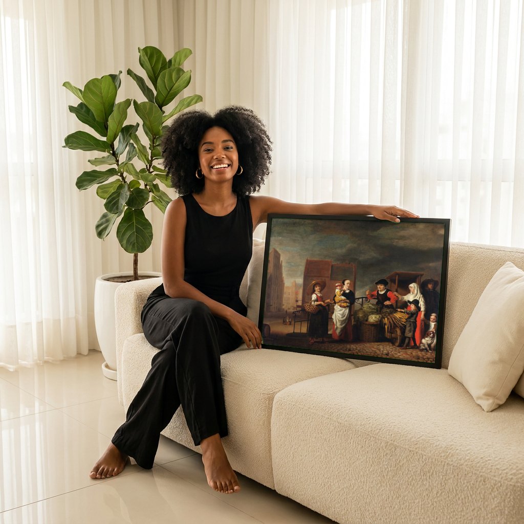 Quadro Decorativo Cena de Mercado - Nicolaes Maes | modelo apresentando o quadro emoldurado