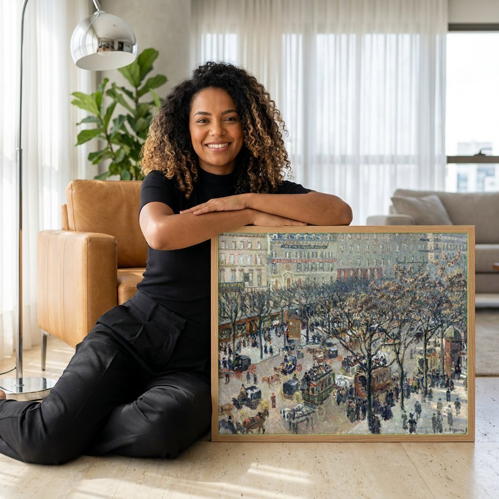 Quadro Decorativo Boulevard Montmartre à Noite - Pissarro | modelo apresentando o quadro emoldurado