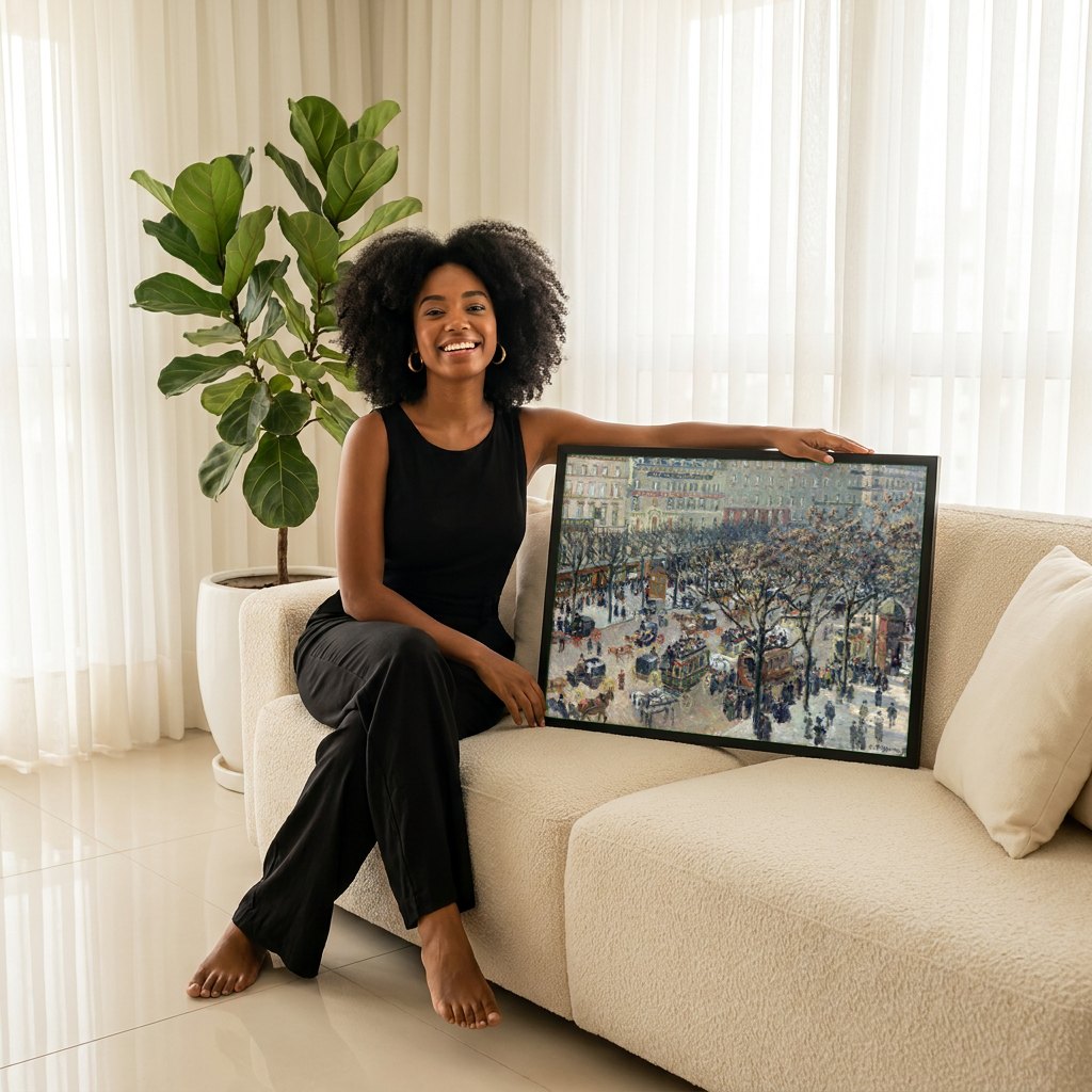 Quadro Decorativo Boulevard Montmartre à Noite - Pissarro | modelo apresentando o quadro emoldurado