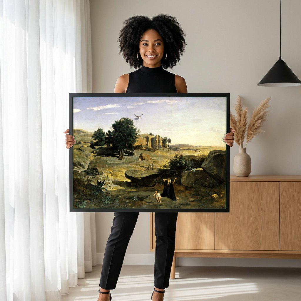 Quadro Decorativo A Expulsão de Hagar - Camille Pissarro | modelo apresentando o quadro emoldurado