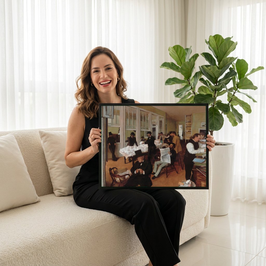 Quadro Decorativo O Escritório de Algodão em Nova Orleans - Degas | modelo apresentando o quadro emoldurado