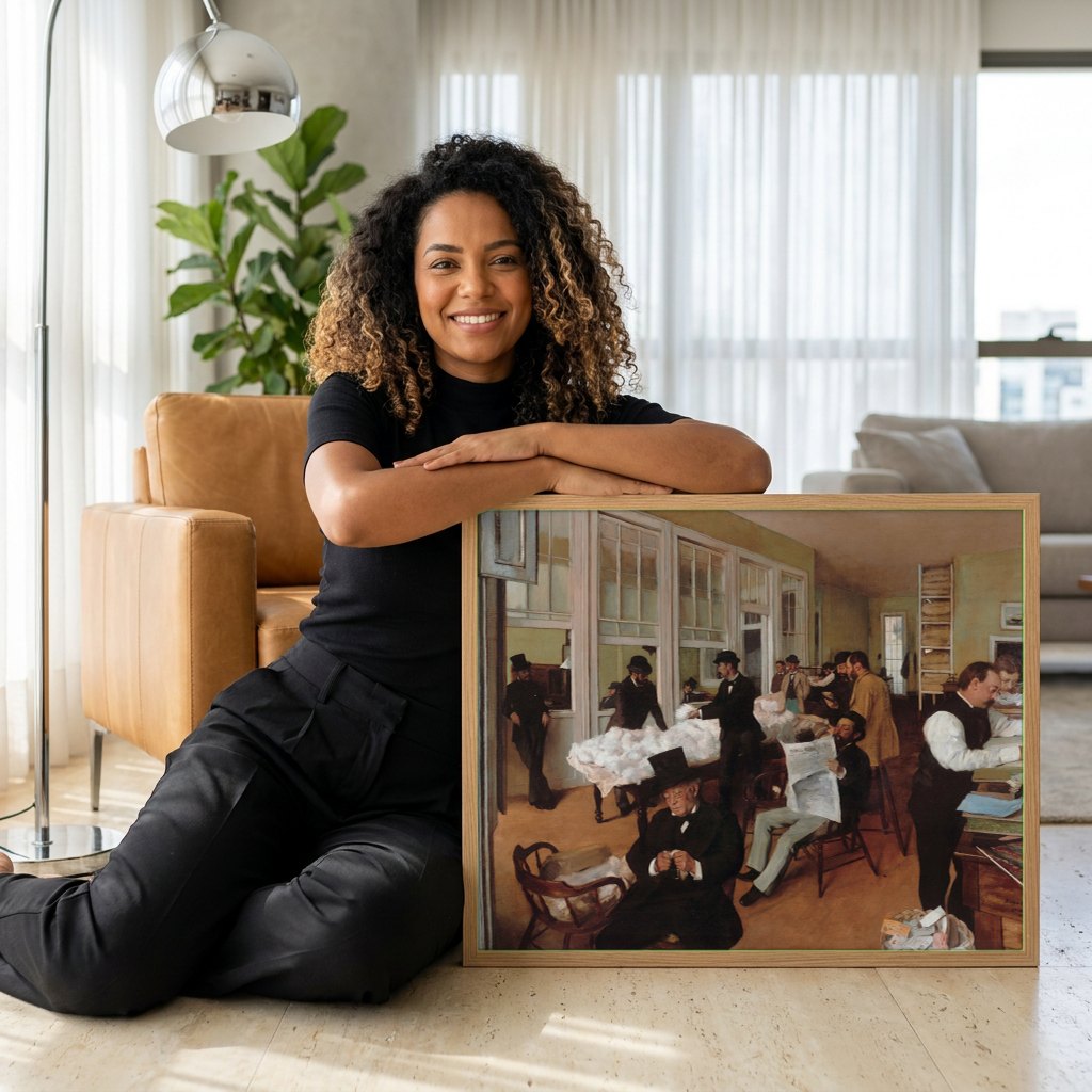 Quadro Decorativo O Escritório de Algodão em Nova Orleans - Degas | modelo apresentando o quadro emoldurado
