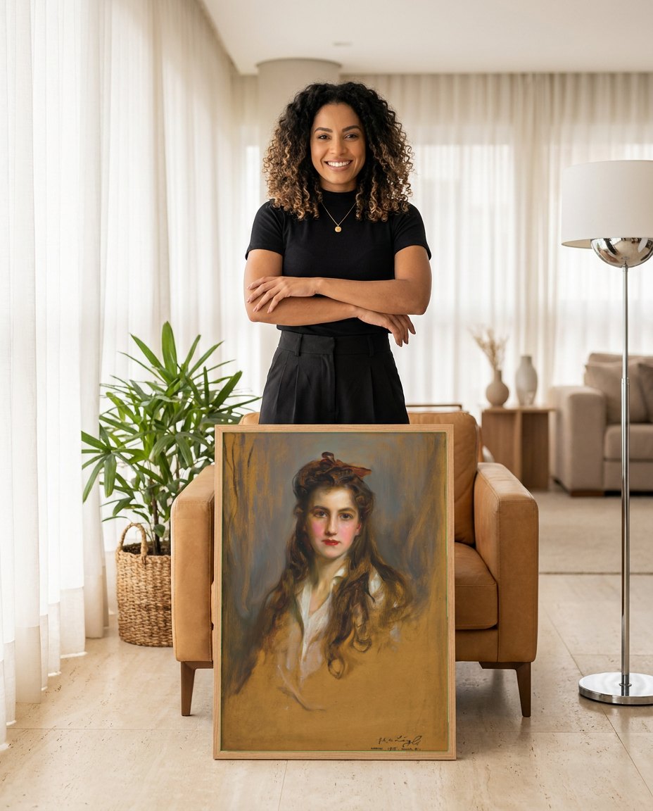 Quadro Decorativo Retrato de Jovem Dama - Philip Alexius de László | modelo apresentando o quadro emoldurado