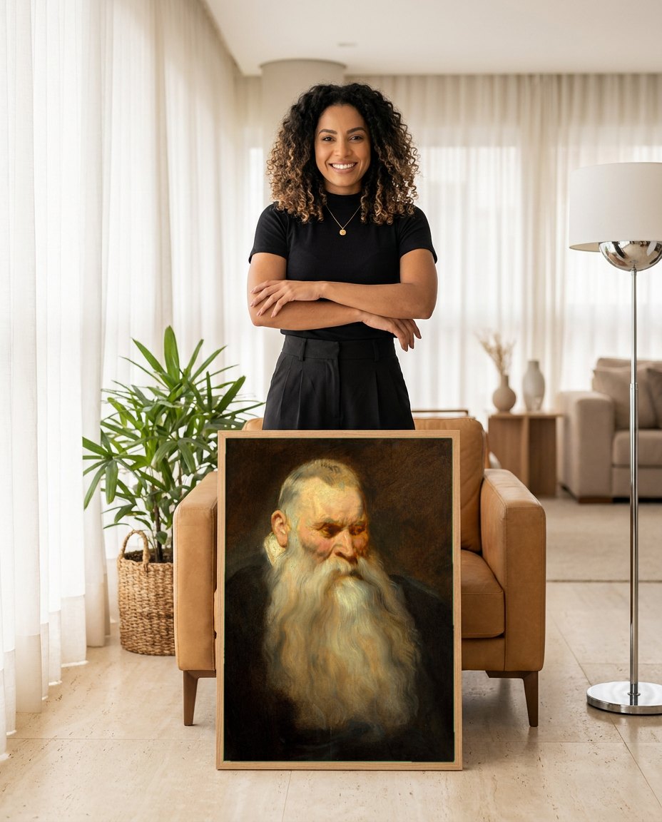 Quadro Decorativo Homem com Barba Longa - Van Dyck | modelo apresentando o quadro emoldurado