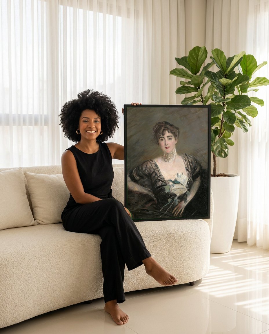 Quadro Decorativo Retrato Feminino - Giovanni Boldini | modelo apresentando o quadro emoldurado