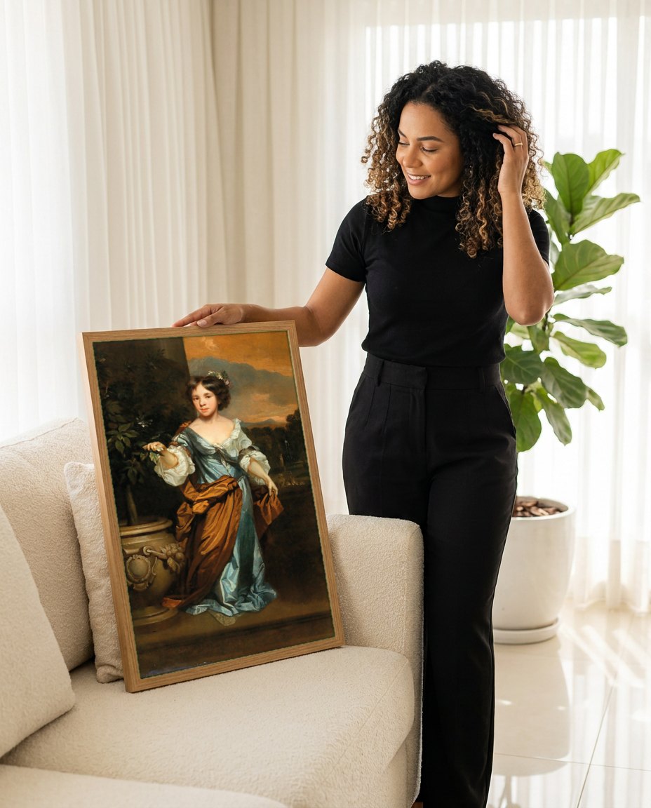 Quadro Decorativo A Jovem e a Laranjeira - Nicolaes Maes | modelo apresentando o quadro emoldurado
