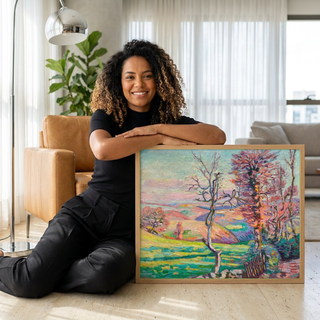 Quadro Decorativo Paisagem com Árvores - Armand Guillaumin | modelo apresentando o quadro emoldurado