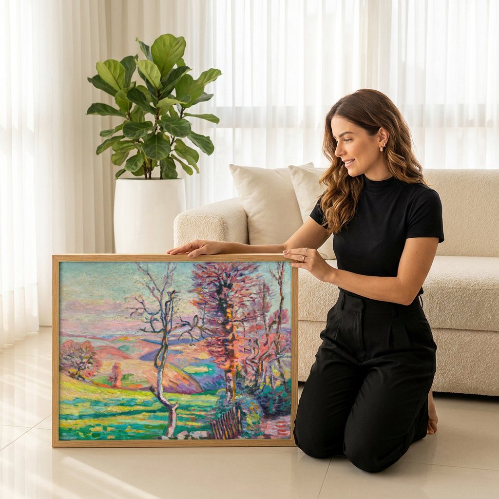 Quadro Decorativo Paisagem com Árvores - Armand Guillaumin | modelo apresentando o quadro emoldurado