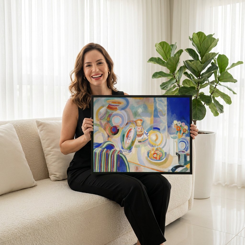 Quadro Decorativo Natureza-Morta Simultânea - Robert Delaunay | modelo apresentando o quadro emoldurado