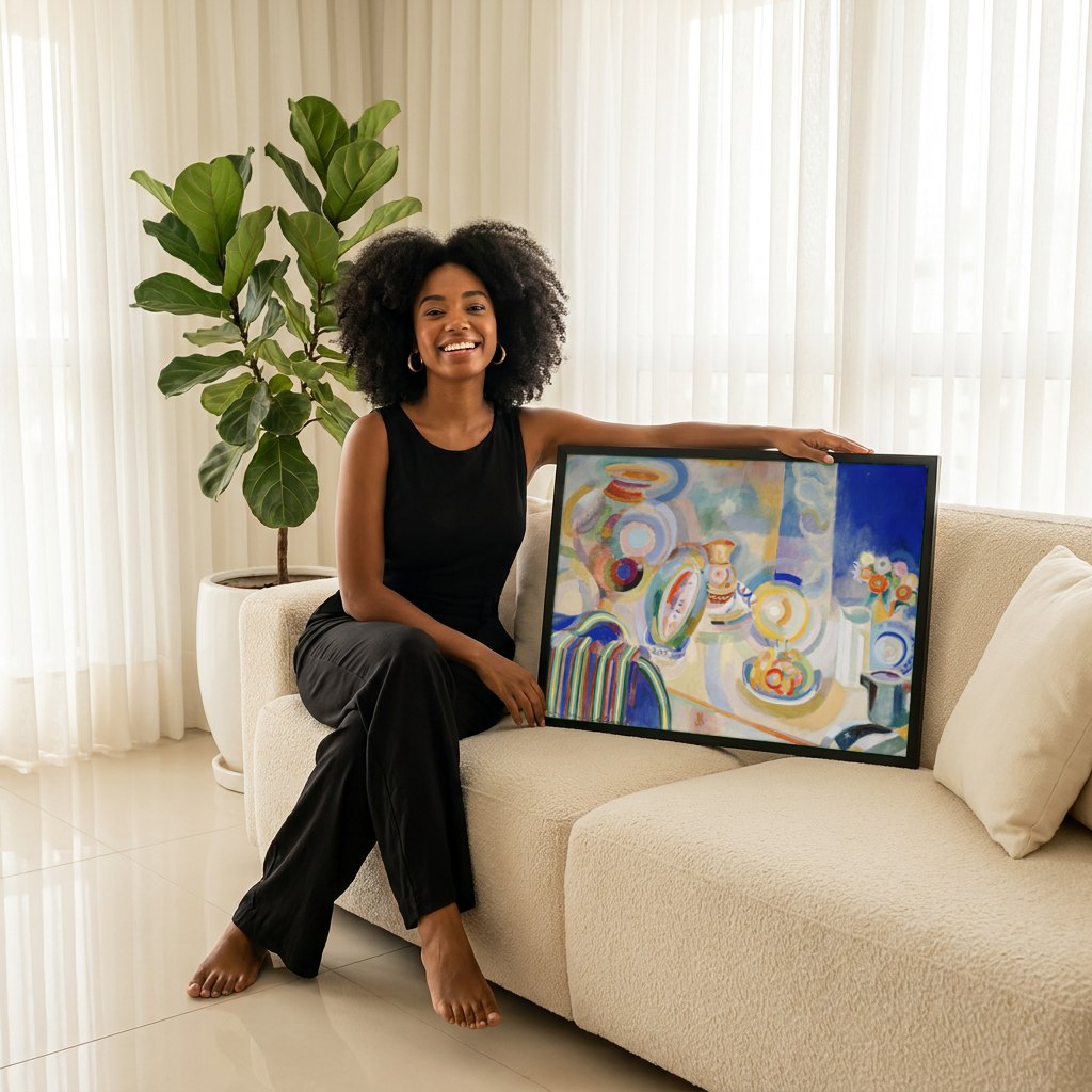 Quadro Decorativo Natureza-Morta Simultânea - Robert Delaunay | modelo apresentando o quadro emoldurado
