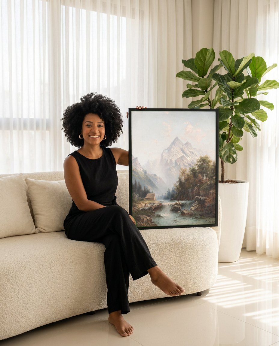Quadro Decorativo Paisagem Alpina com Cabana - Karl Kaufmann | modelo apresentando o quadro emoldurado